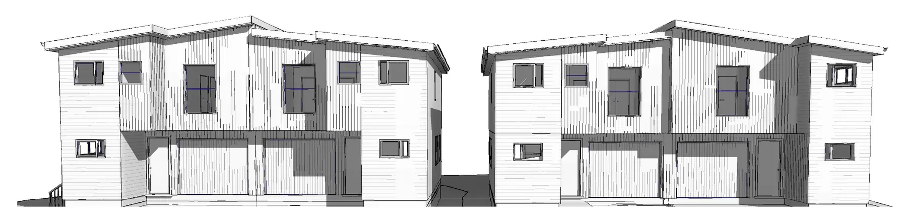 3D concept render of the four 454 Weymouth Road homes — two duplex blocks with vertical and horizontal weatherboard cladding
